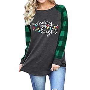 Christmas Tshirt Women Merry and Bright Shirt Letters Print Splicing 3/ 4 Sleeve Baseball Tshirt Blouse Tee Tops Dark Grey, S