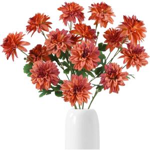 6PCS Dahlia Artificial Flowers 27.5Orange Faux Flowers Silk Fake Dahlia with Stems for Home Wedding Dining Table Party Garden Fall Decoration(Orange)