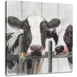 Couple Cow Pictures Wall Decor, Love themed Canvas Wall Art Print, curious cow Painting Poster, funny farm animal Mural for Bedroom Bathroom and Kitchen Framed 12"x12"