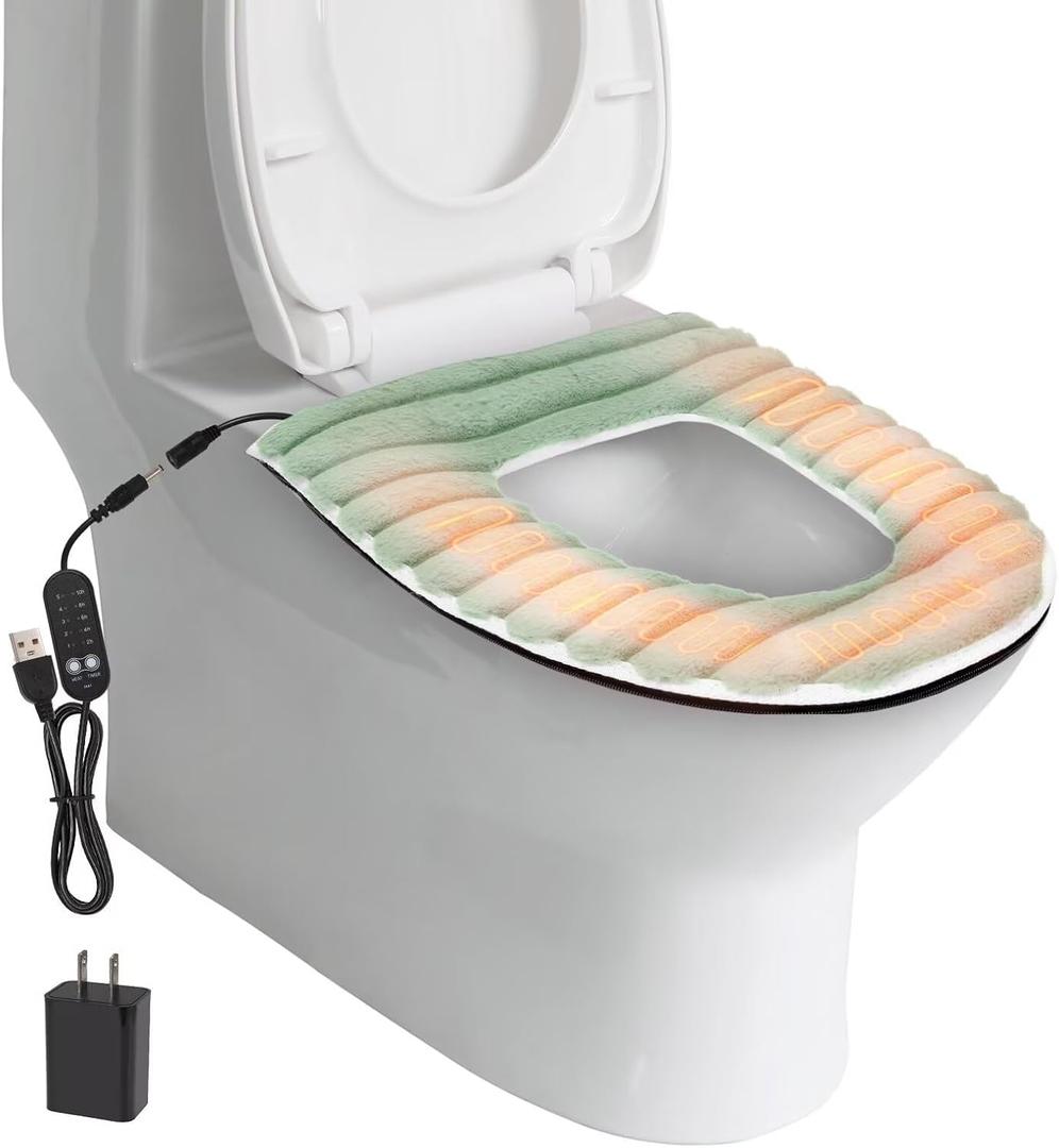 Heated Toilet Seat Cover,USB Powered Toilet Seat Warmer with Charger,5-Speed Adjustable Temperature and Timing Function,Levels Toilet Seat Cover with Soft Plush Fabric,Easy To Clean (Green)