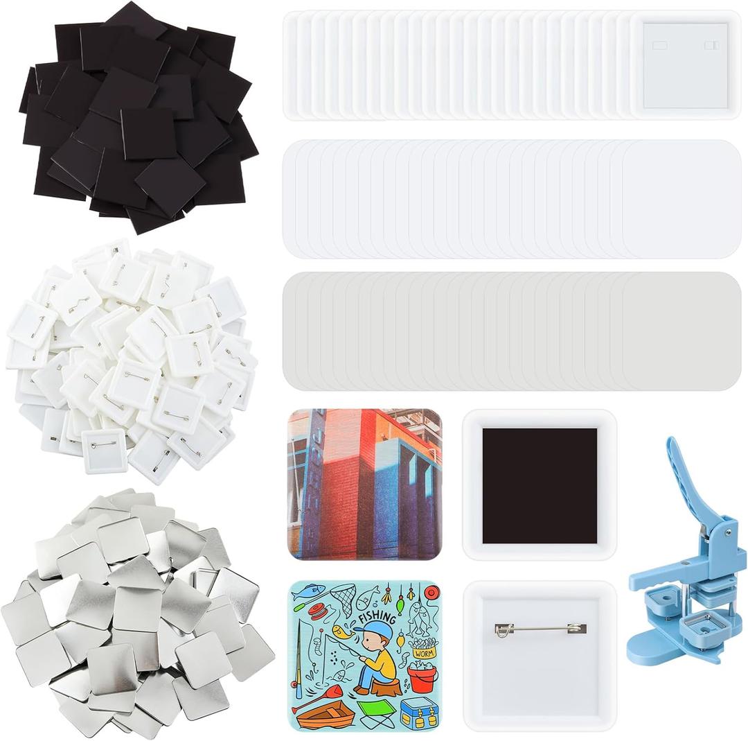 Wavwavw 150 Sets 50mm/1.97 Inch Square Button Maker Supplies, 75 Pcs Blank Fridge Magnet Badge Parts and 75 Pcs Pin-Back Badge Parts Press for Square Button Maker Machine, DIY Gift Crafts
