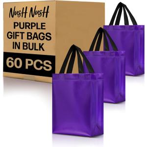 Nush Nush Set of 60 Shiny Purple Gift Bags Bulk Medium Size - Reusable Bulk Gift Bags with Handles - Ideal Goodie Bag For Halloween, Holiday, Small Business, Gifting Events, Birthday - 8Wx4Dx10H