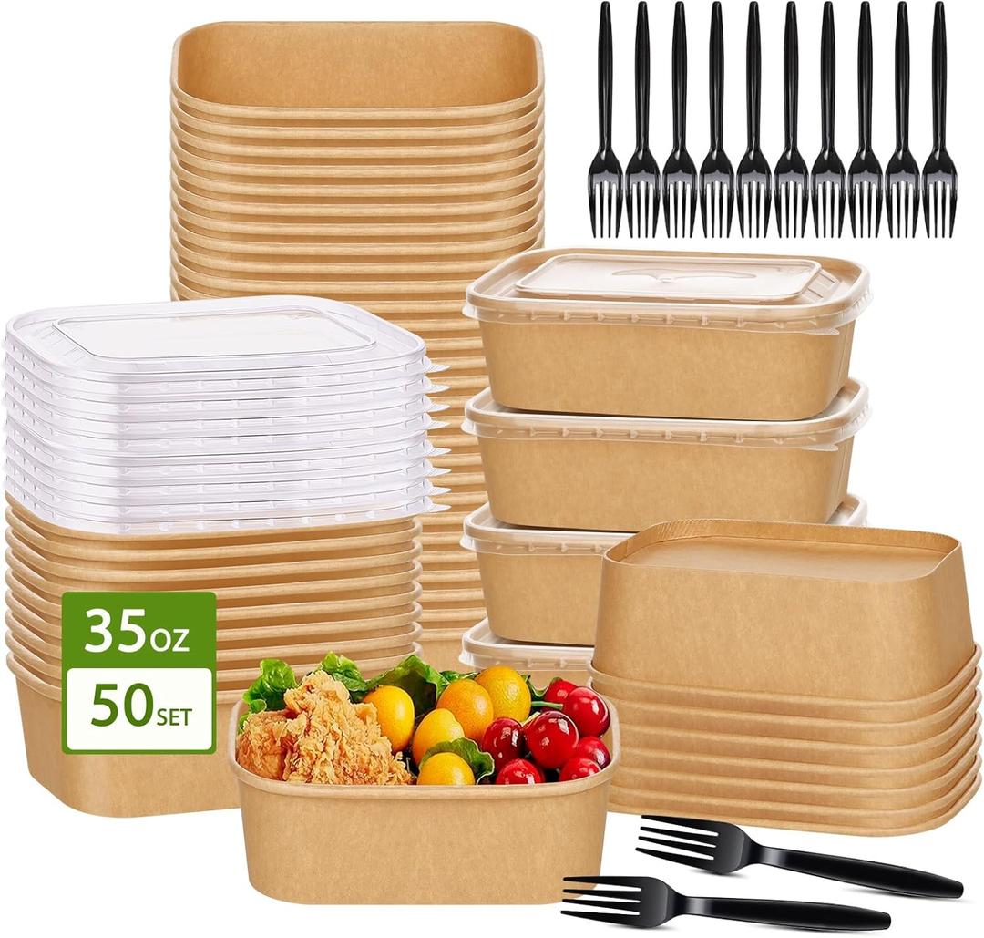 50-Pack 35oz Disposable Kraft Paper Bowls【with Lids and Forks】, Large Meal Prep Containers Paper Salad Bowls, Leakproof Food Containers Treat Soup Serving Bowl, Microwave Safe for Hot/ Cold Food