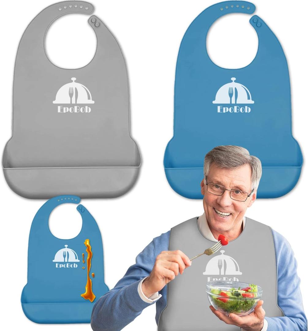 2 Pack Silicone Adult Bibs with Crumb Catcher, Washable and Adjustable Adult Bibs for Elderly Men Women Seniors