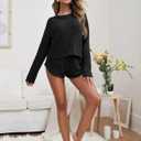 Ekouaer Womens Waffle Knit Pajama Sets Long Sleeve Top and Shorts Matching Lounge Set Loungewear Sweatsuit with Pockets (Black, M)