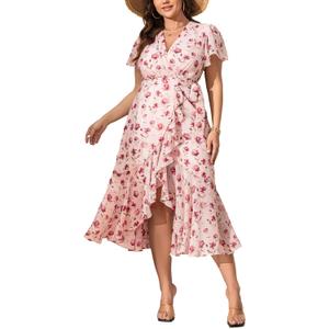 EYWOL Plus Size Wedding Guest Dress for Women, Floral Chiffon Midi Wrap Dress, Flutter Sleeve High Waist Flowy Summer Dresses (Pink)