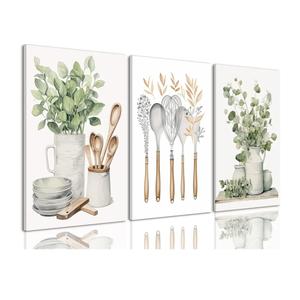 AOYUSMO 3 Piece Canvas Wall Art Kitchen Wall Art Sage Green Pictures Botanical Paintings Farmhouse Artwork Eucalyptus Nature Art Prints for Dining Room 12"x16"