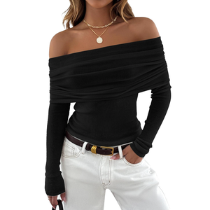 ZESICA Long Sleeve Shirts for Women Off Shoulder Ribbed Knit Slim Fit Going Out Tops Outfits 2025 Trendy Fashion Clothes, Size S