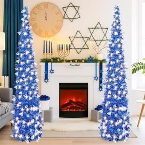 Sosation 2 Pcs 5 ft LED Easter Tinsel Trees Blue Pop up Pencil Trees with String Lights Artificial Collapsible for Party Fireplace Home Decorations(Hanukkah Blue)