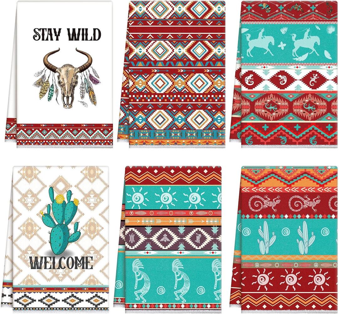 Kajaia 6 Pcs Aztec Theme Kitchen Towels Southwestern Microfiber Dish Hand Tea Bathroom Towels Native Decorative for Absorbent Drying Cloth Turquoise Geometric Ethnic Cloth for Home Housewarming Gift, Small