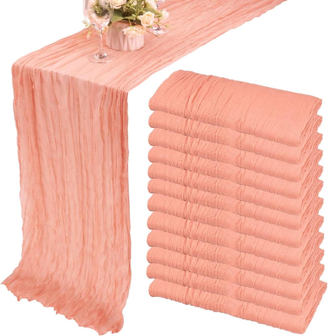 12 Pack 10Ft Cheesecloth Boho Gauze Table Runner - 35x120 Inch Rustic Cheese Cloth Long Table Runner for Wedding, Bridal Shower, Birthday Party Decor (Peach Coral)