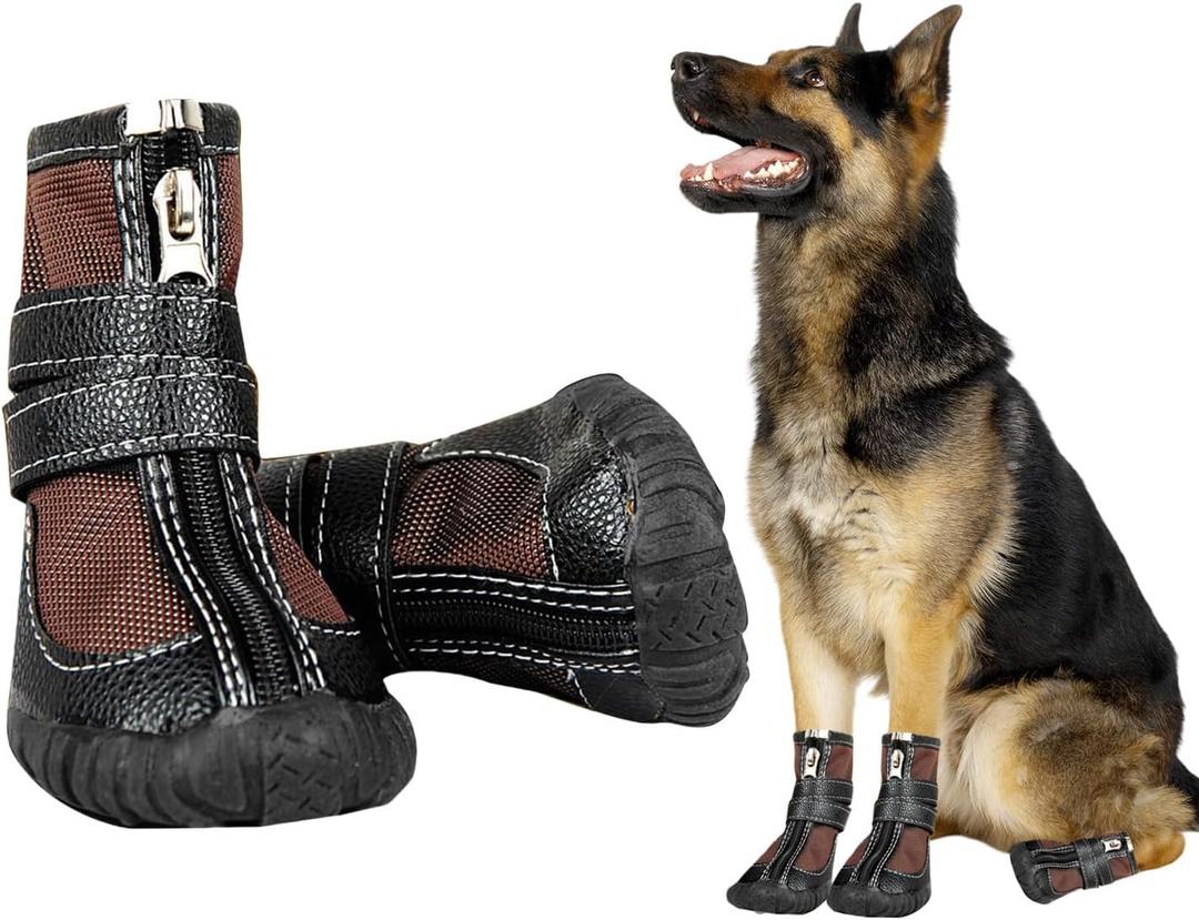 Large Big Dog PU Leather Sport Shoes Winter Waterproof Pet Dog Puppy Boots Non-Slip Pitbull Golden Retriever Rain Shoes (12((Width 2.9inch), Brown)