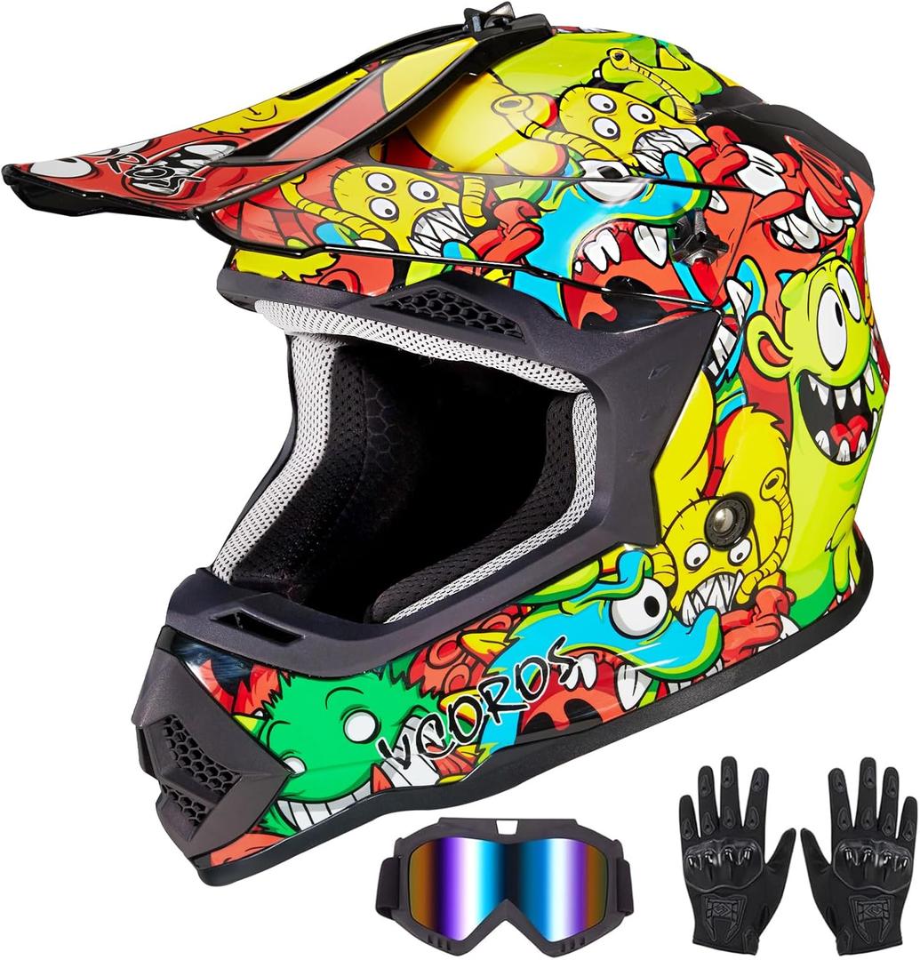 VCOROS Youth Kids Dirt Bike Helmets Motocross Street Offroad BMX MX ATV Dirtbike Motorcycle Helmet VS-905 with Goggles Gloves DOT Approved(Color Cartoon Bean, XL)
