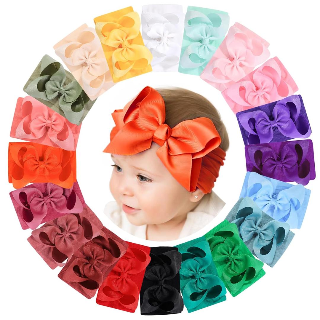 doboi Baby Girl Hair Bows and Nylon Headbands Set - 20PCS Infant Toddler Accessories With Big Bows (Classic Headbands Style)