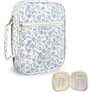 Bible Cover Case for Women,Large Bible Cover for Women, Premium Quilted Fabric Bible Book Covers with Handles,Bibles Study Supplies Accessories Holder Blue Flower