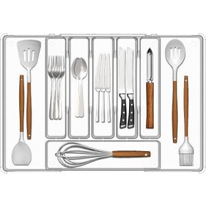 Silverware Drawer Organizer, Expandable Utensil Tray for Kitchen Drawers,BPA Free Flatware and Cutlery Holder,Adjustable Plastic Storage for Utensil like Spoons, Forks, Knives.Clear