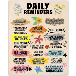 Positive Daily Reminders Poster - Inspirational Wall Art - Positive Quotes Wall Decor - Daily Affirmations Wall Art - Motivational Office Decor for Women - 8x10 Unframed Poster Print