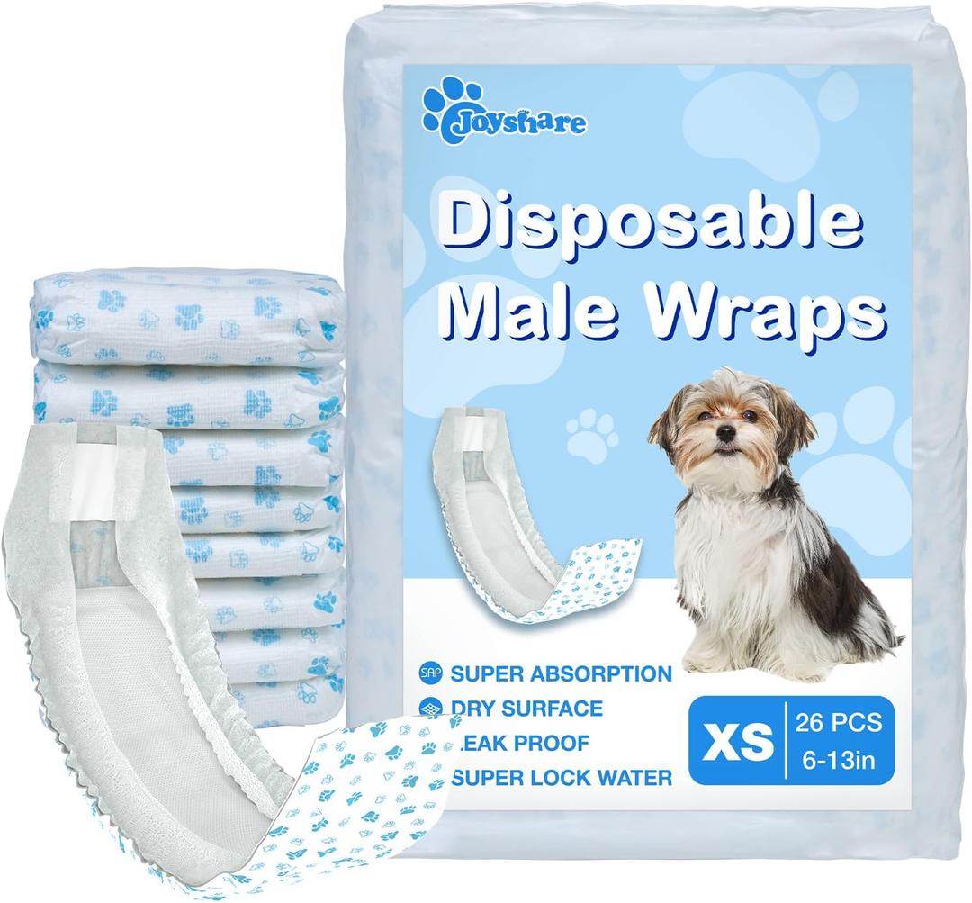 Disposable Male Dog Diapers, XS-26 Count SuperAbsorbent Male Wraps, Soft Cotton, Stereoscopic Edge Fit for Incontinence Dog Nappies, Potty Training, Travel, and Post-Surgical Care