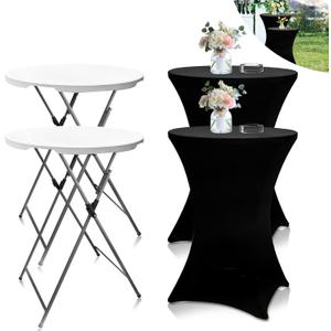 2Sets 32in Hightop Folding Cocktail Tables+Covers-Spandex Stretch Folding Tall Bar Table Covers, Detachable Legs Bar Height Folding Table Outdoor Indoor Use (Black/2 Tables+2 Covers)