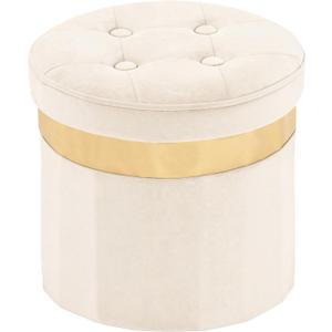 xuperbonus Small Ottoman with Storage,Folding Round Ottoman with Gold Trim,Velvet Storage Stool,Foot Stool with Soft Padded,Foot Rest for Living Room13x13x12.4(Beige,1pcs)
