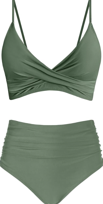 Amy Babe Women's High Waisted Bikini Sets Push Up Twist Front Spaghetti Straps Ruched Two Piece Swimsuit Bathing Suit, Olive, XL