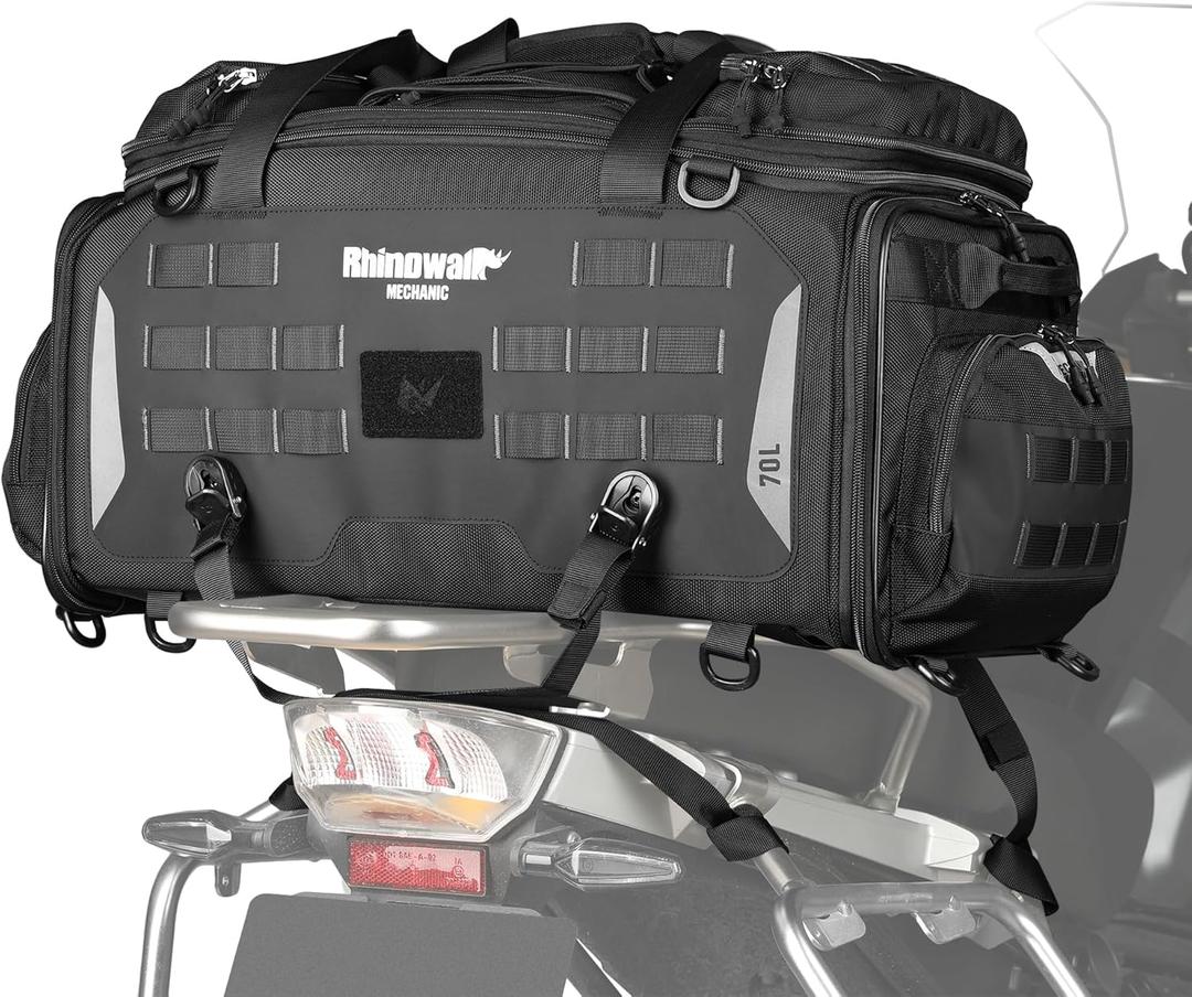 Rhinowalk Motorcycle Tail Bag Expandable Motorcycle Travel Luggage Waterproof 70L with MOLLE System Trunk Rack Bag with Sissy Bar Straps-Black, Black 50-70l