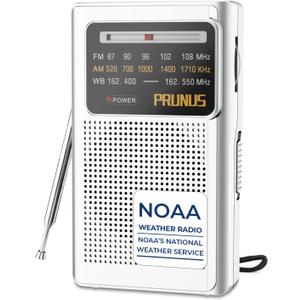 PRUNUS J-161 Pocket NOAA Weather Radio, AM FM Radio Battery Operated by 2 AA Transistor Radio with Best Reception,Stereo Earphone Jack, for Emergency,Hurricane,Running, Walking,Home (Silver) (White)