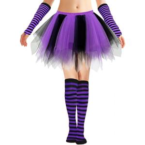Fluffy Tulle Tutu Skirt Costume, Satin Lined Skirts with Striped Socks for Halloween Run Spirit Week (Medium, Purple/Black)