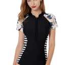 Micosuza Womens Rash Guard Short Sleeve Zip Printed One Piece Swimsuit, M