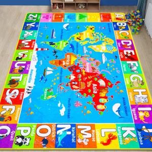 World Map ABC Kid Rug for Playroom 78.7"59" Geography Classroom Play Carpet Educational Baby Playmat Alphabet Mat for Primary School Fluffy Ployester Non-Slip Preschool Rug for Nursery Room