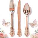 WDF-300 Pieces Rose Gold Plastic Silverware- Disposable Flatware -Heavyweight Plastic Cutlery- Includes 100 Forks, 100 Spoons, 100 Knives for Wedding/Parties/Mother's Day