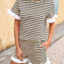 Tankaneo Womens 2 Piece Striped Shorts Set Ruffle Short Sleeve Tops Hight Waist Shorts Matching Sets Summer Vacation Outfits (Beige)