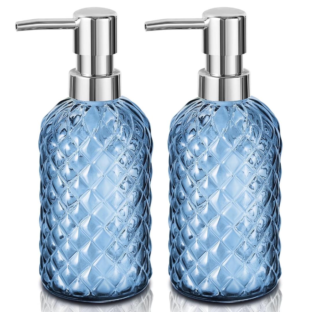 SDlumeiy 16 oz Diamond Pattern Glass Soap Dispenser, Kitchen and Bathroom Refillable Soap Dispenser with Rust Resistant Stainless Steel Pump for Hand Soap, Lotion Glass Liquid Dispenser(Blue - 2 Pack)