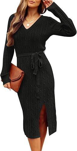 MEROKEETY Women's 2025 Fall Long Sleeve Bodycon Sweater Dress Winter V Neck Cable Knit Slit Midi Dresses M