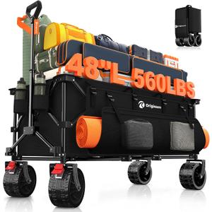 48" L Folding Beach Wagon Cart Foldable, 560lbs Weight Capacity 300L Heavy Duty Collapsible Wagons with Big All-Terrain Wheels, Utility Carts for Groceries, Shopping, Camping, Sports - Black