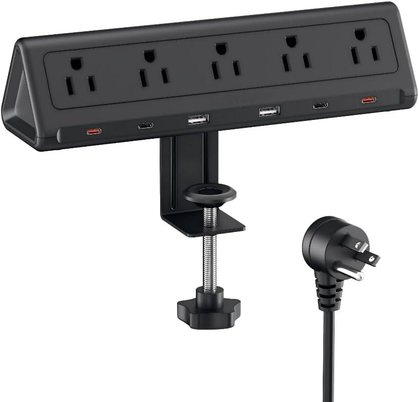 6.5 FT Desk Clamp Power Strip with 5 AC Outlets & 6 USB Ports PD 40W USB-C Fast Charging, 1250J Surge Protector, Fits 2.1 in top Edge Black
