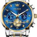 OLEVS Men's Stainless Steel Chronograph Watch, Large Face Easy to Read Roman Numerals Diamond Accented Analog Dress Watches for Men, Elegant Waterproof Luminous Male Quartz Wristwatch (06 Blue Dial/Two Tone Bracelet)