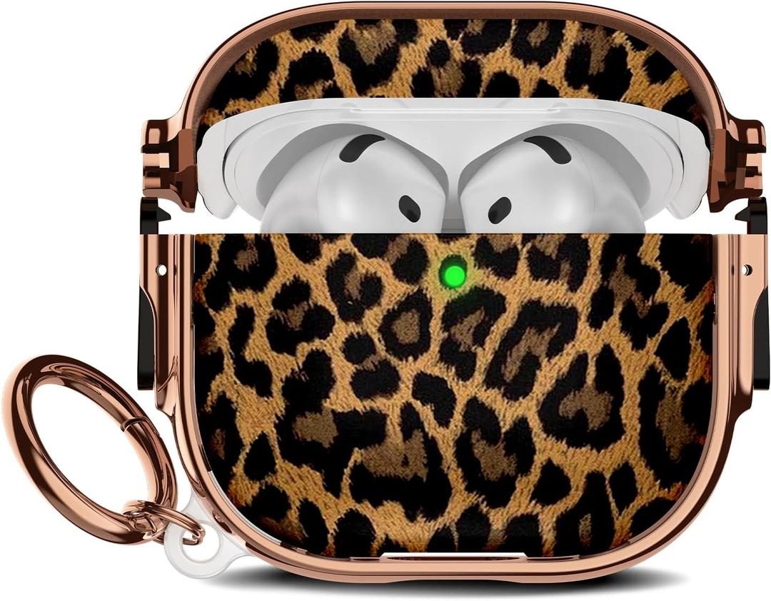 Maxjoy for Cute AirPods 4 Case 2024 with Safety Lock,Compatible Leopard Print AirPod 4th Generation Case for Women Girly with Keychain-Gold