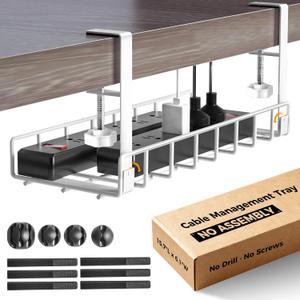 Under Desk Cable Management Tray, Xpatee Upgraded Wire Management No Drill No Screws, Cable Tray with Clamp for Wire Organizers, Computer Cord Rack for Office, Home - No Damage to Desk White