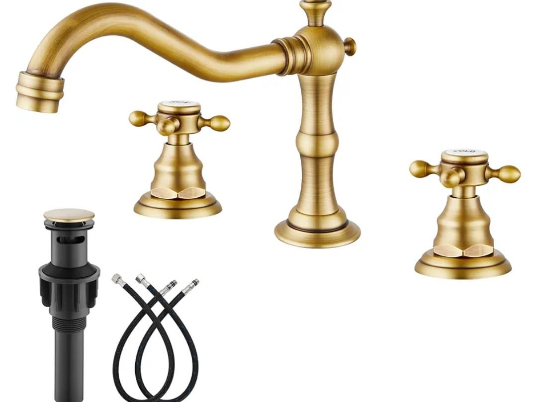 gotonovo Bathroom Faucet 3 Hole 8 Inch Widespread Bathroom Sink Faucet 2 Cross Handles Vintage Lavatory Vanity Mixer Tap with Pop Up Drain, HOT Cold Label, Antique Brass