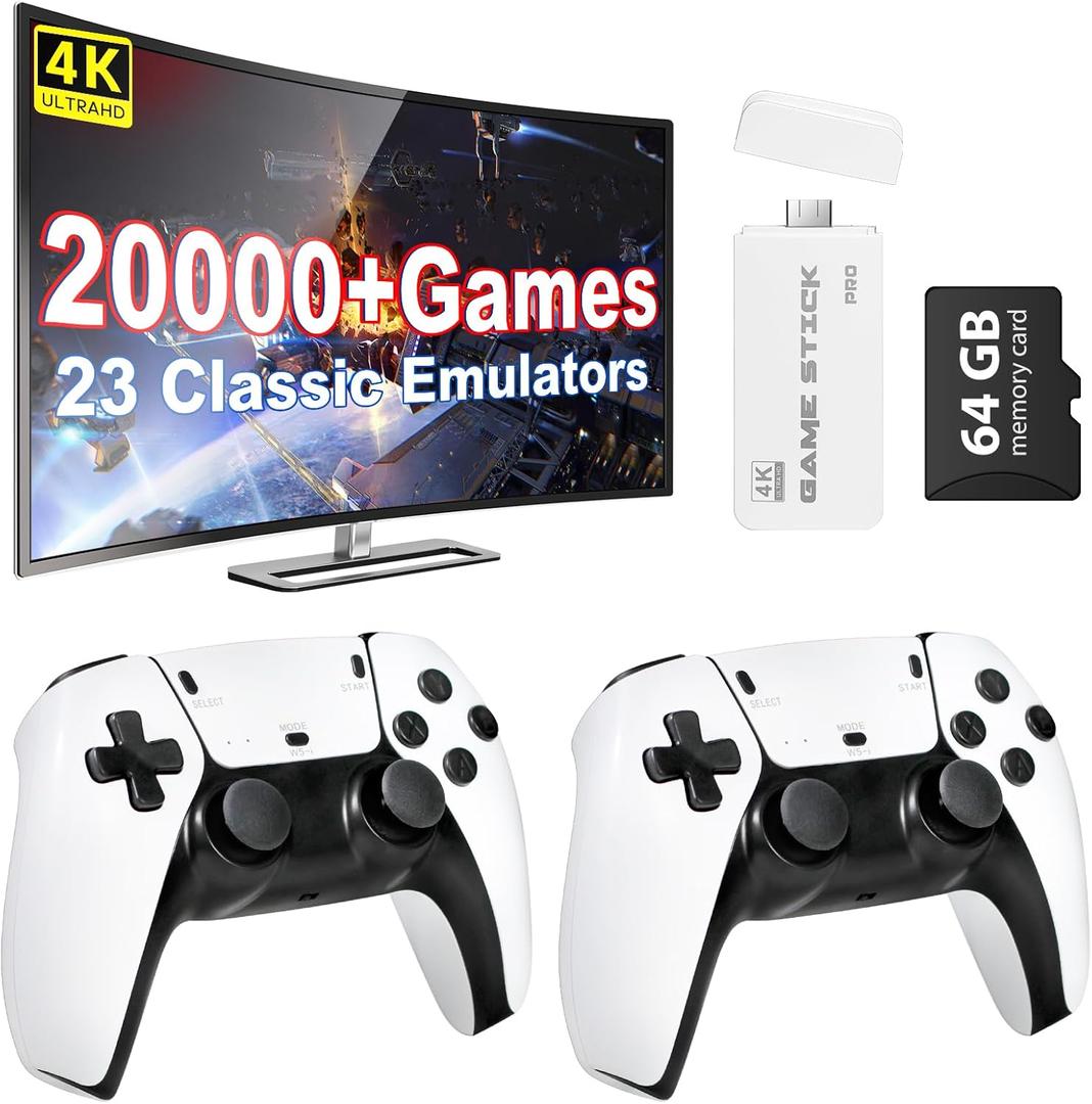 Retro Gaming Console, 20,000+ Retro Game Stick, 23 Emulators, 4K HD HDMI TV Game Stick, Includes 2 Wireless 2.4GHz Controllers,Plug & Play Video Games for TV(64GB)