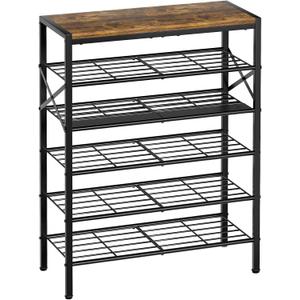 6-Tier Metal Shoe Rack Organizer Shoe Storage for Entryway 18-24 Pairs Narrow Shoe Rack for Closet Heavy-Duty Shoe Rack with Wooden Top Shelf for Garage Rustic Brown