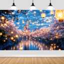 7X5ft Fairy Tale Castle Backdrop Enchanted Forest Palace Princess Beauty Garden Lake Lantern Dating Romantic Background Birthday Party Decorations Cake Table Banner Decor Photo Booth Props