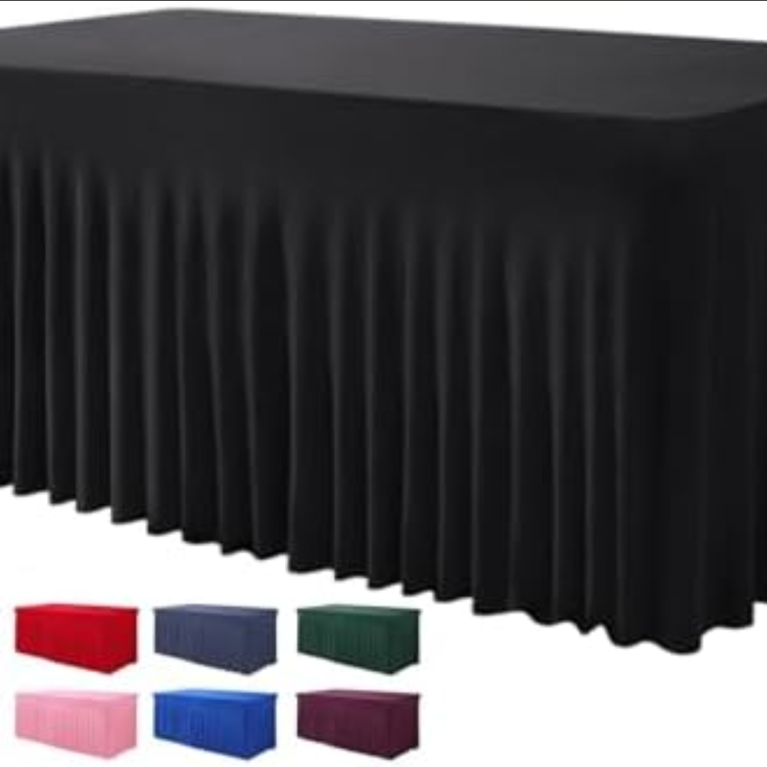 BDDC Table Skirts for Rectangle Tables 6ft - One-Piece Black Tablecloths and Skirt, Wrinkle Resistant Ruffles Elastic Cover for Banquets, Weddings, Events, Parties