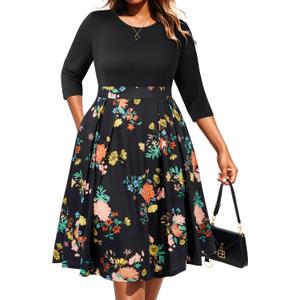 Pinup Fashion Plus Size Work Dresses - Fall Church Office Semi Formal Fit and Flare Midi Dress with Pockets (20 Plus, Black Floral)
