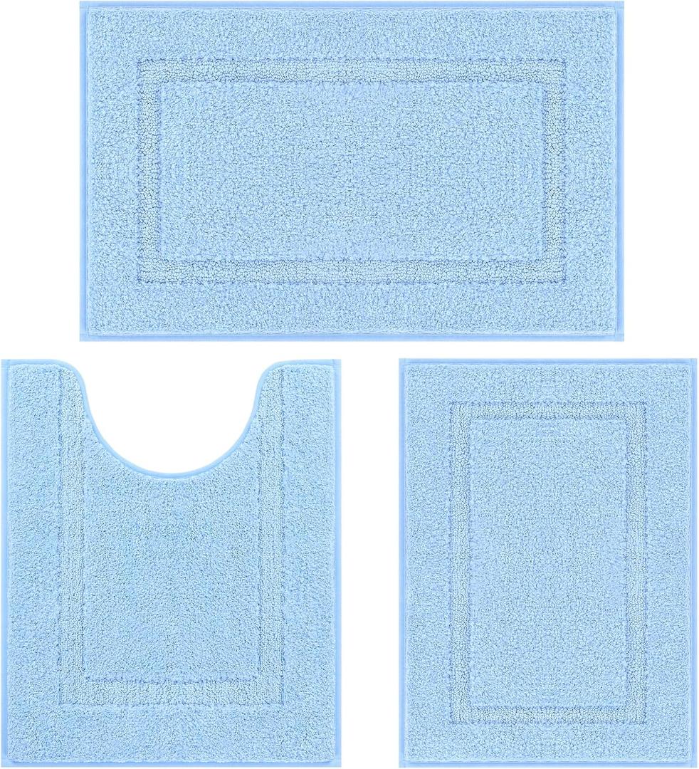 SHACOS Soft Fluffy Bathroom Rugs Set of 3 Pieces Bath Mats with U Shape Toilet Rugs Non Slip Washable Bath Rugs Absorbent Bathroom Carpet 16"x24"+20"x32"+U Shaped 20"x24", Light Blue