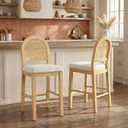 Upholstered Rattan Bar Stools, 26'' Counter Height, Set of 2, Natural
