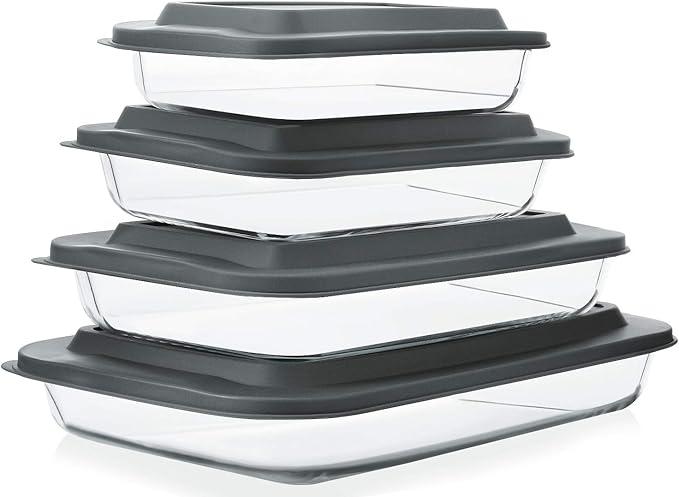 8Piece Deep Glass Baking Dish Set with Plastic lids,Rectangular Glass Bakeware Set with Lids, Baking Pans for Lasagna, Leftovers, Cooking, Kitchen, FreezertoOven and Dishwasher, Gray