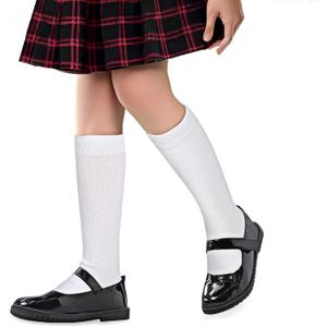 Lusofie 2 Pairs Knee High Socks for Girls 4-8 years Old, Black White Mid-Calf School Uniform Long Socks Soft for Kids