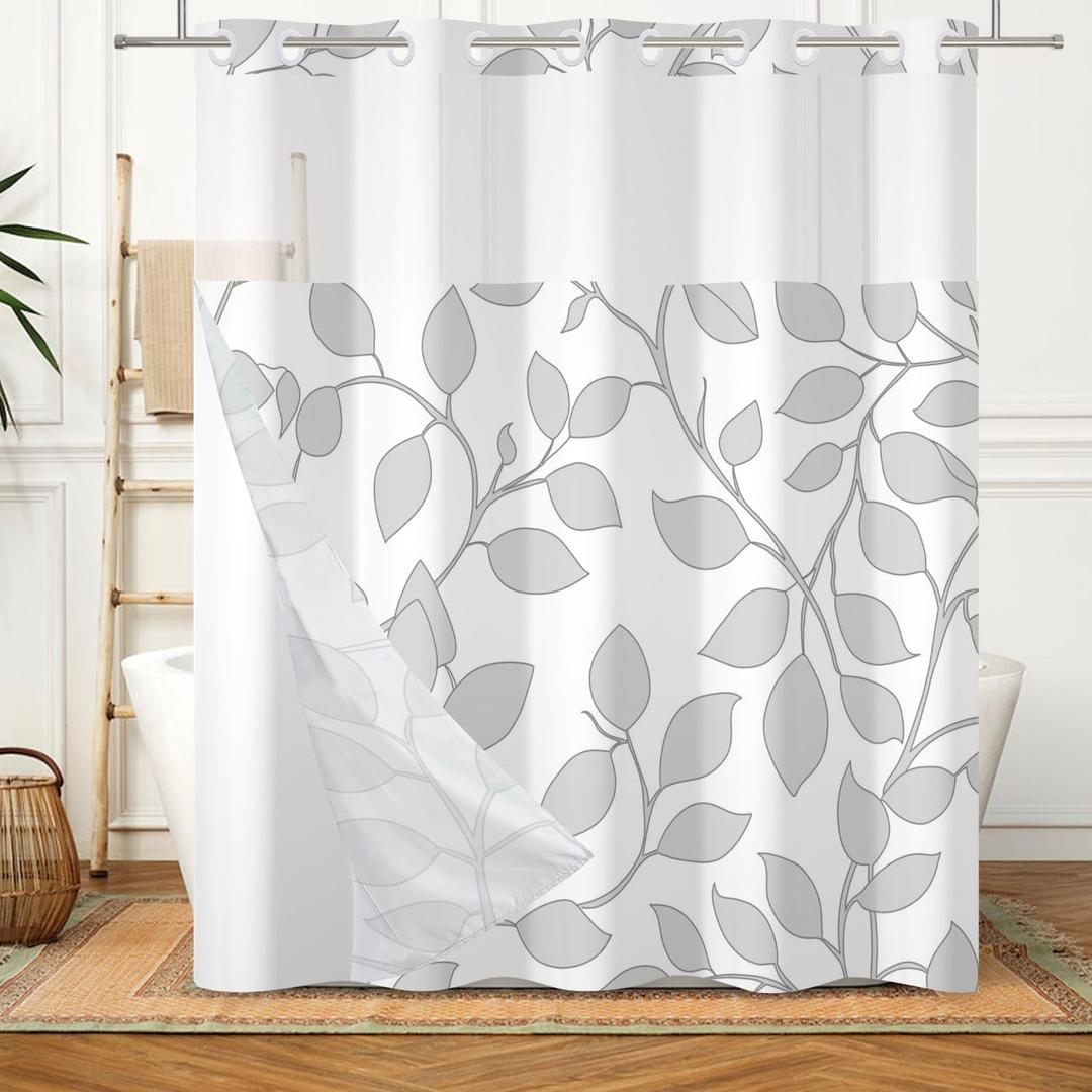 No Hook Shower Curtain with Snap in Liner Set Grey Leaves Elegant Modern Shower Curtain with Liner for Bathroom Hotel Fabric Double Layers Washable 71x74 Inch